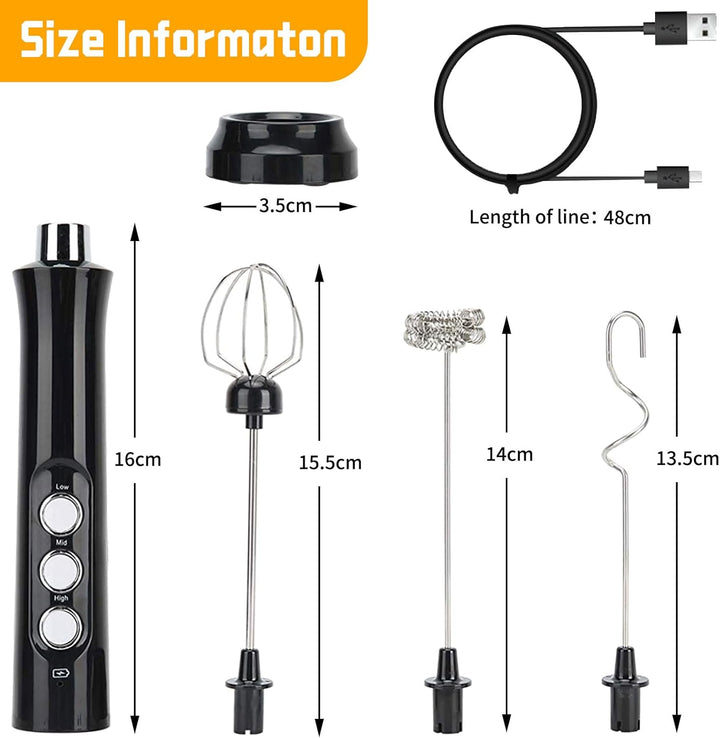 3 Gang Milchaufschäumer Elektrisch USB Wiederaufladbar mit 3 Quirl, Edelstahl Melektrischer Schneebe
