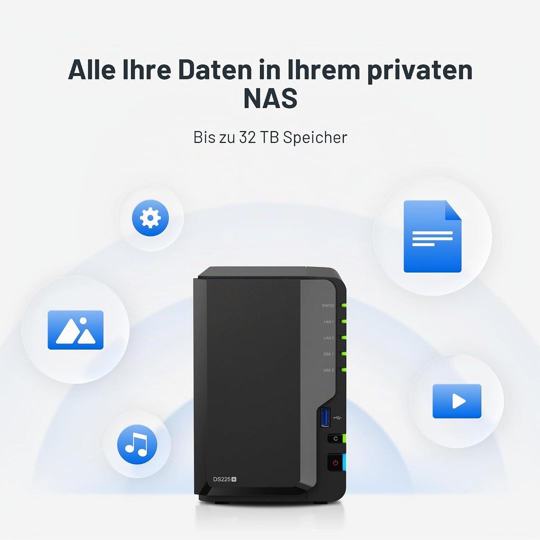 Synology DS225+ 2-Bay Diskstation NAS (Intel Celeron J4125 4-Core 2.0 GHz 2GB DDR4 RAM 2xRJ-45 1GbE