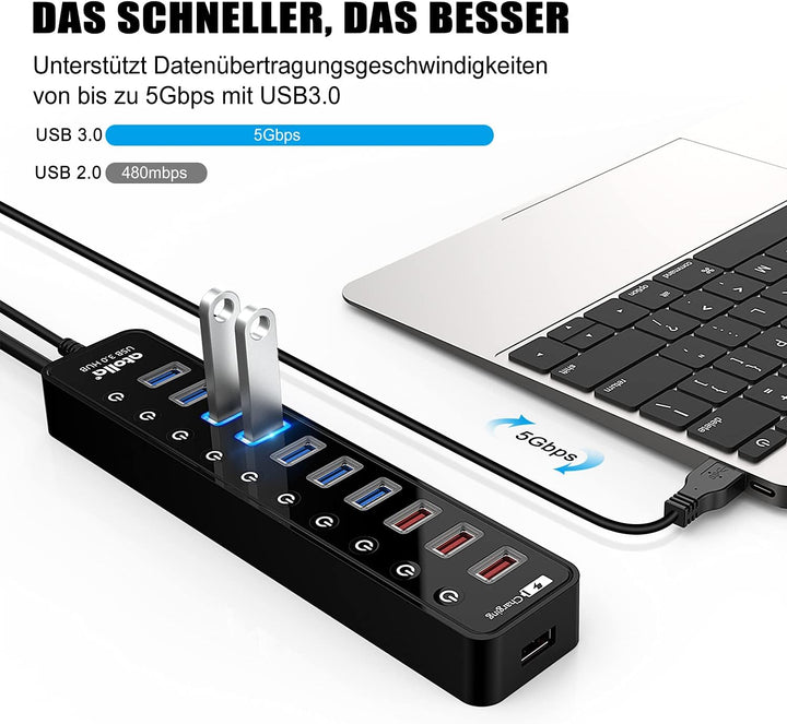 Atolla USB Hub Aktiv 3.0 mit 48W (12V/4A) Netzteil, 11-Port USB 3.0 Extension verteiler (7 Datenport