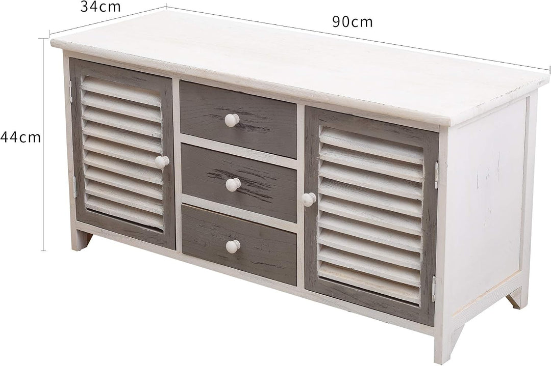 Rebecca Mobili Lowboard für Fernseher, Fernseherschrank 2 Türen 3 Schubladen, Holz, Weiss Grau, Vint
