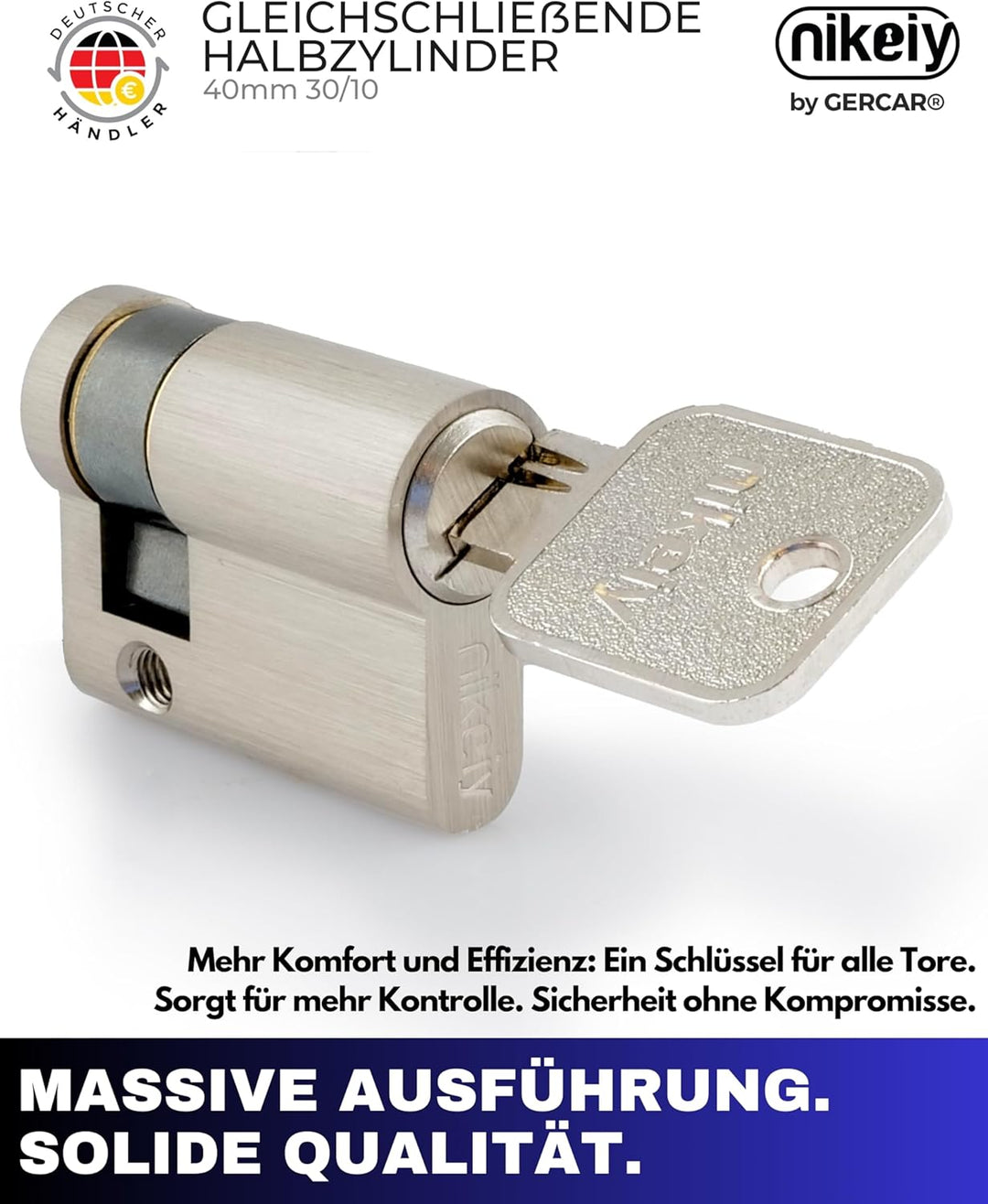 GERCAR Pro Profil-Zylinder 30/10 Halbzylinder - Schliesszylinder aus Messing Vernickelt - Garagentor