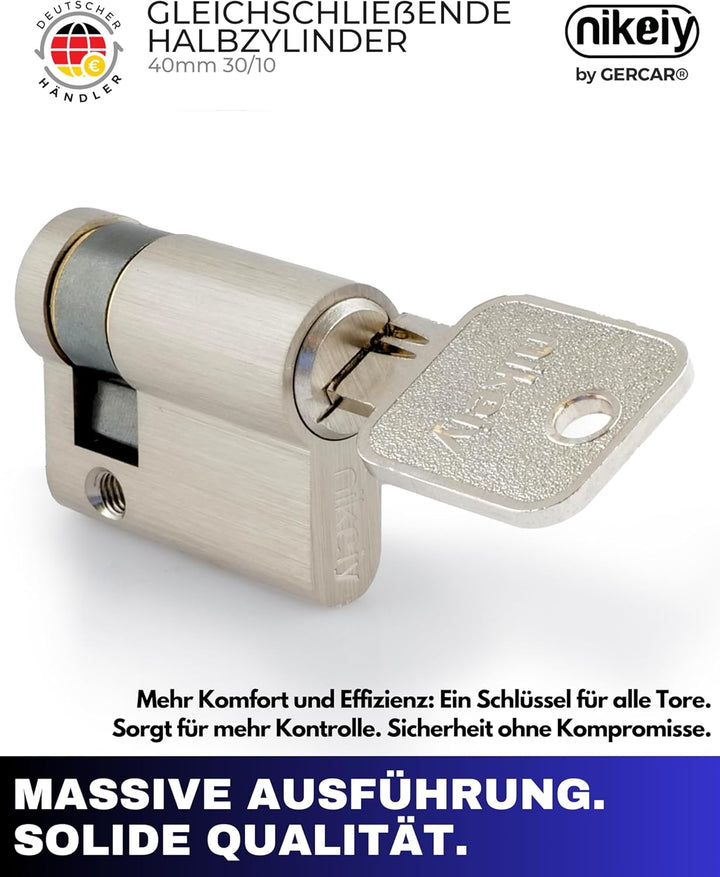 GERCAR Pro Profil-Zylinder 30/10 Halbzylinder - Schliesszylinder aus Messing Vernickelt - Garagentor