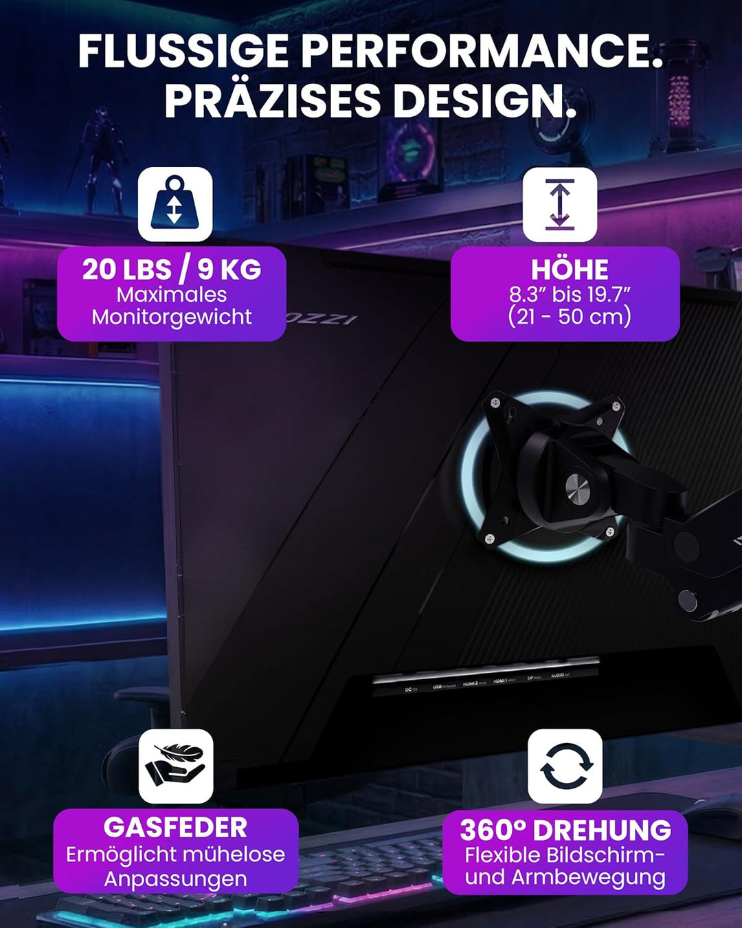 Arozzi Alzare Neo Duo Monitorarm mit Gasfeder - 2 Arme, für 43–86 cm Monitore, VESA 75/100, 360° dre