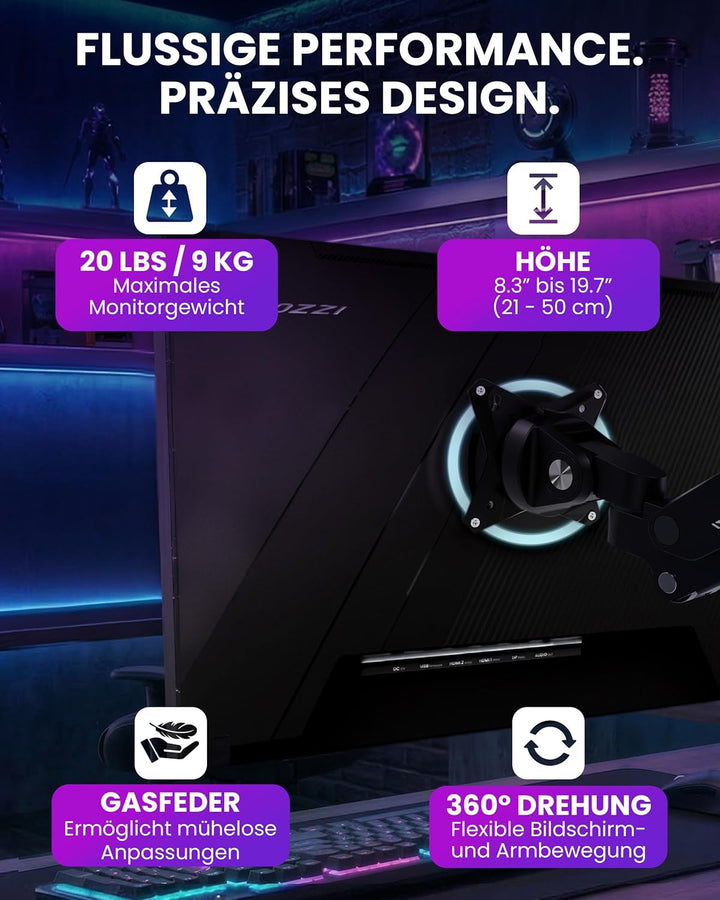 Arozzi Alzare Neo Duo Monitorarm mit Gasfeder - 2 Arme, für 43–86 cm Monitore, VESA 75/100, 360° dre