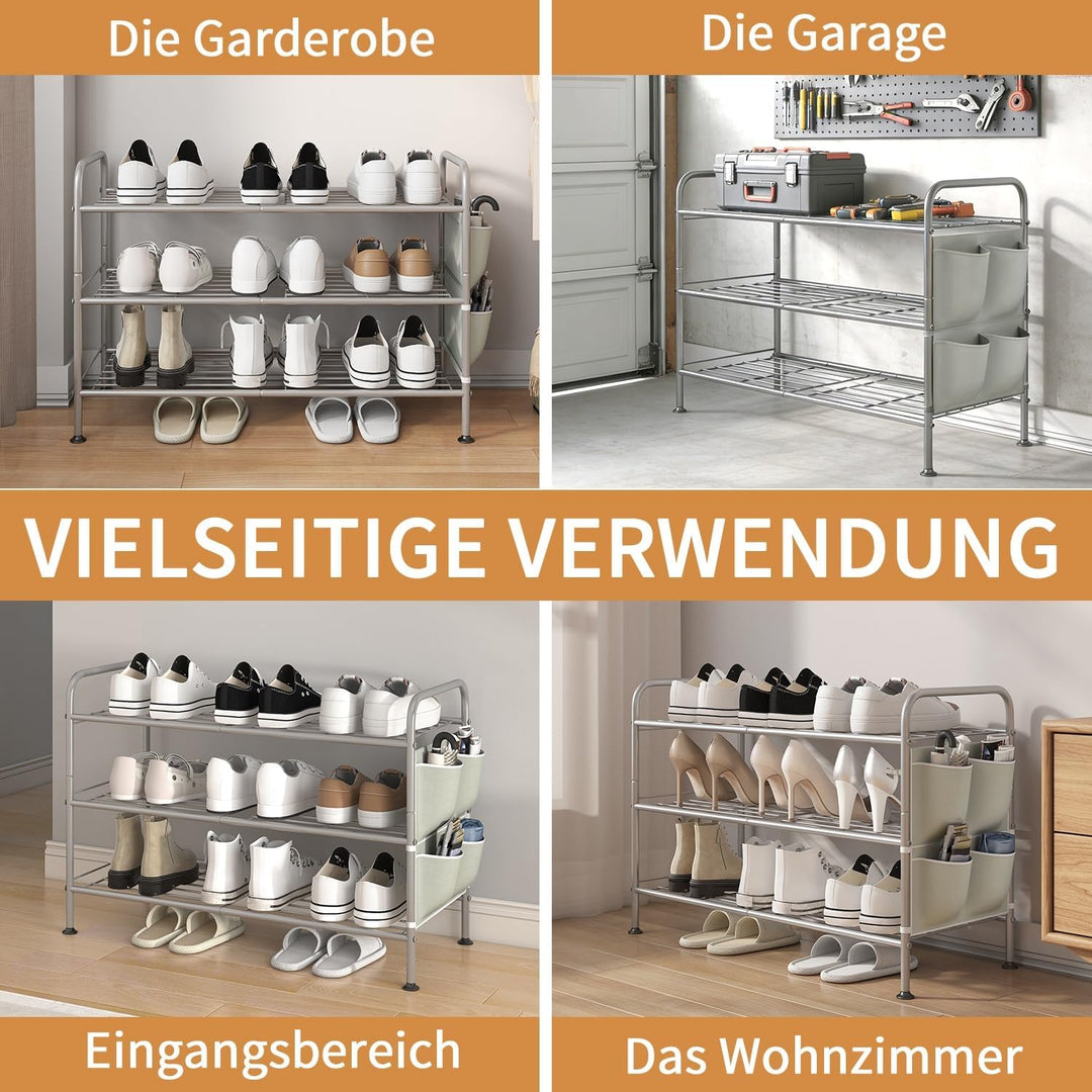 Schuhregal 3 Ebenen Schuhaufbewahrung Organizer Metall mit Seitentaschen für Flur, Schlafzimmer (Gra