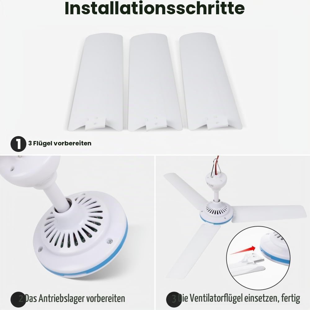 DC 12V Tragbarer Deckenventilator 19.7" Mini Hängender für Camping Zelt, Outdoor RV Pavillon - Batte