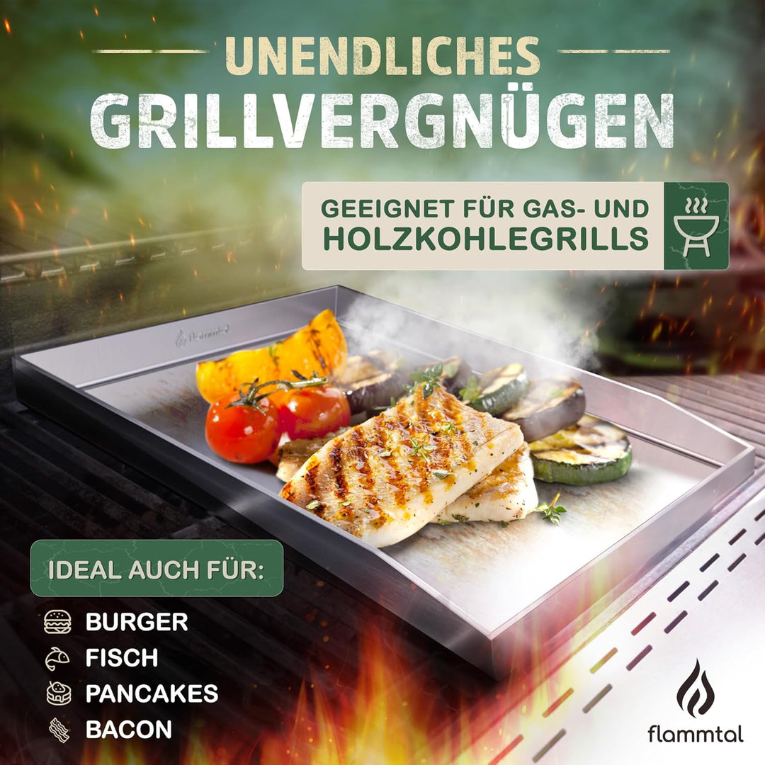 Grillplatte aus 4mm rostfreiem Edelstahl [40 x 30cm] - Plancha mit Grillspachtel Set & Burgerpapier