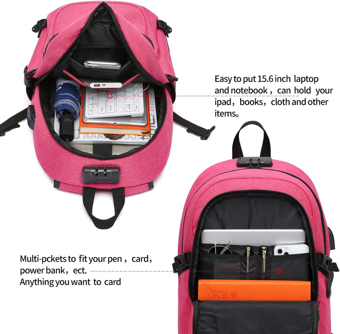 WENIG Rucksack Laptop für Damen Frauen Mädchen Schulrucksack mit USB-Ladeanschluss 15.6" Rosa, 15.6"