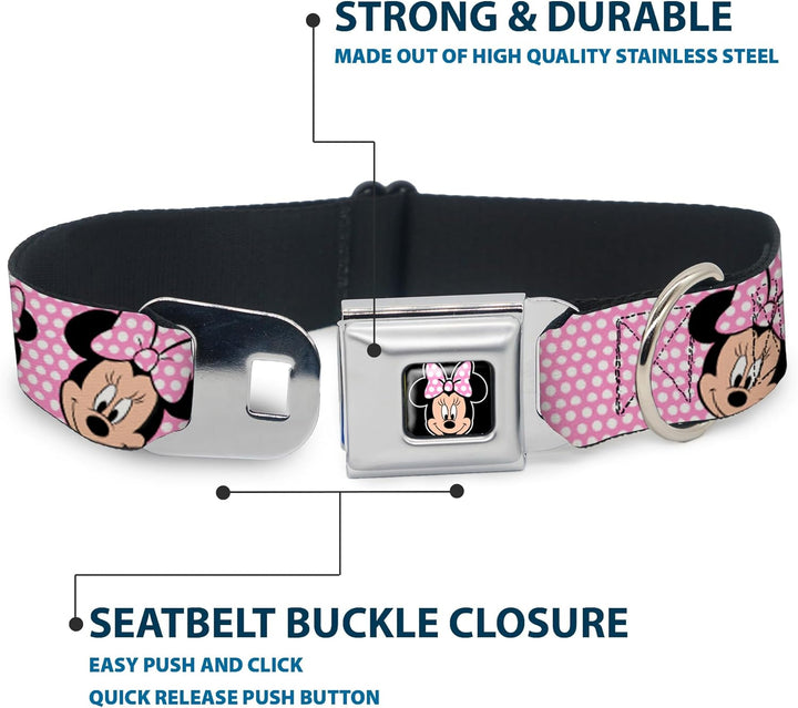 Buckle-Down Seatbelt Buckle Dog Collar - Minnie Mouse Expressions Polka Dot Pink/White - 1" Wide - F