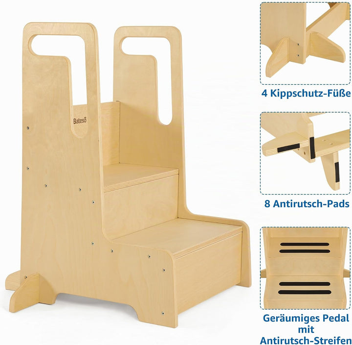 Bateso Tritthocker für Kinder, grosser Tritthocker aus Holz für Kleinkinder mit Griffen und rutschfe