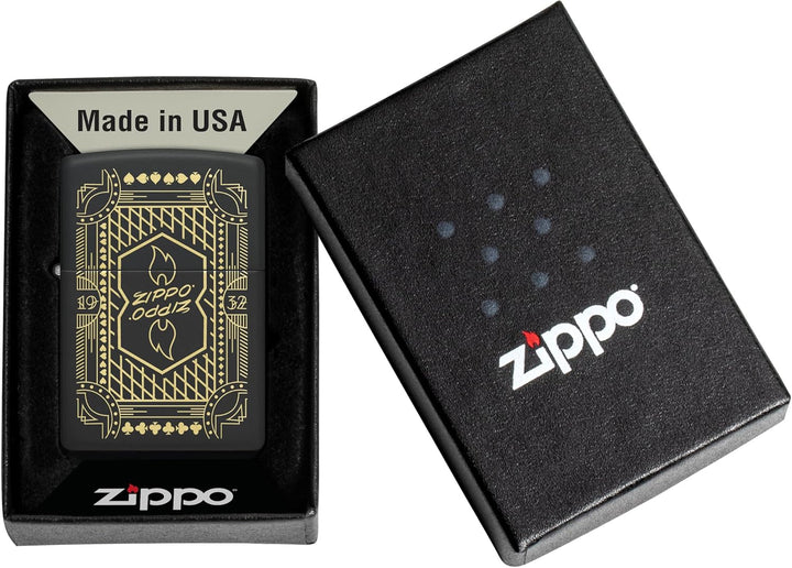 Zippo Sturmfeuerzeug - Kartensymbole - Schwarz - Black Matte - Laser Engrave - Nachfüllbar - Wiederv