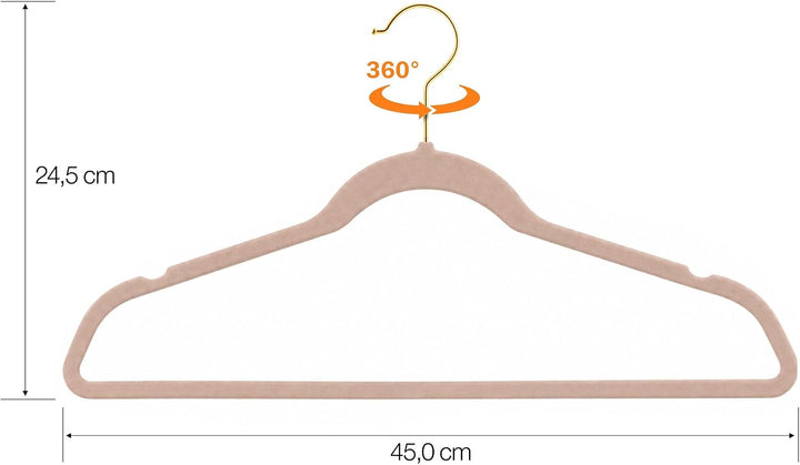 25 Stück hochwertige Samt Kleiderbügel in der Farbe Mushroom Hellbraun mit Gold Look Haken/Anti-Ruts