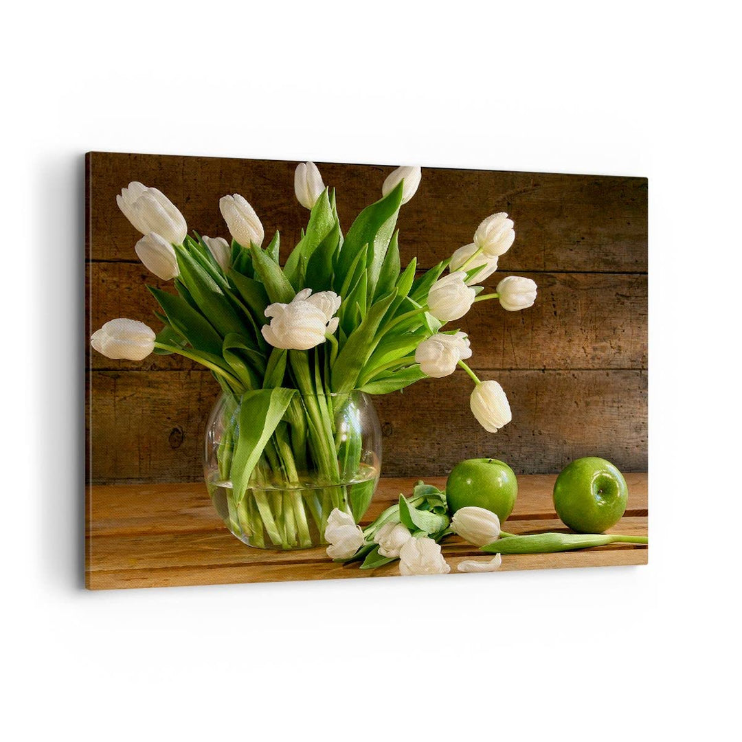 Bilder auf Leinwand 100x70cm Leinwandbild Tulpen Apfel Blumenstrauss Frühling Gross Wanddeko Bild Sc