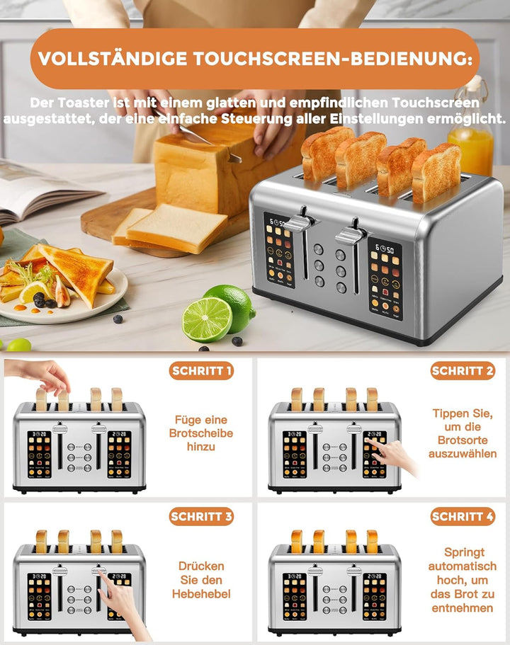 Toaster 4 Scheiben, LED-Touchscreen, Edelstahl Langschlitztoaster, 6 Bräunungsstufen, 6 Brotprogramm