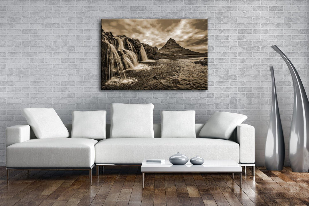 deyoli atemberaubende Wasserfälle in Island Format: 80x60 Effekt: Sepia als Leinwand, Motiv fertig g
