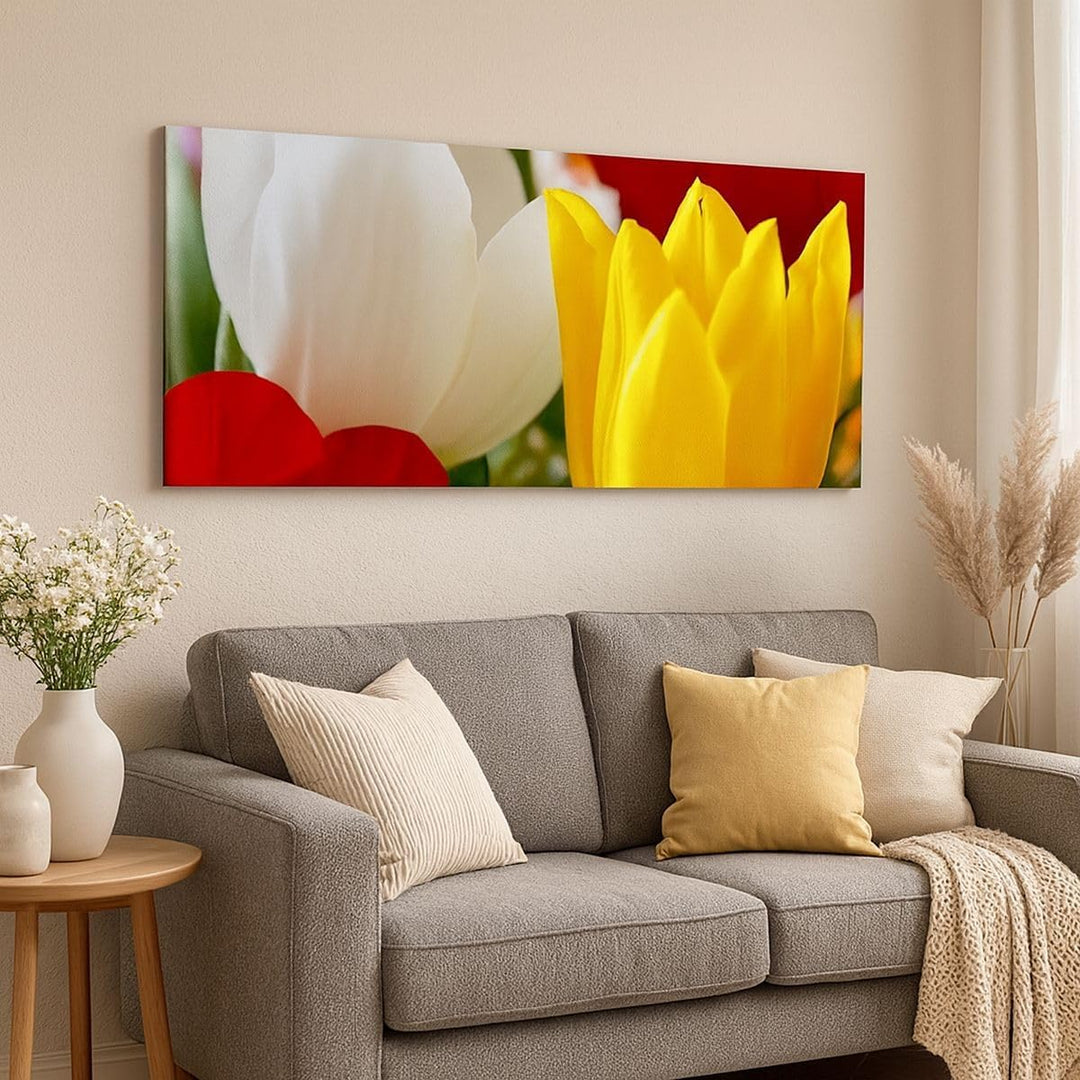 Wandbilder Dekoration Wohnzimmer Tulpen Vase Blumenstrauss Panorama Bilder auf Leinwand 120x50cm Lei