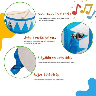 Trommel für Kinder blau-weiss Musikinstrument aus Holz mit Trageriemen und Sticks D: 20 cm- 3845