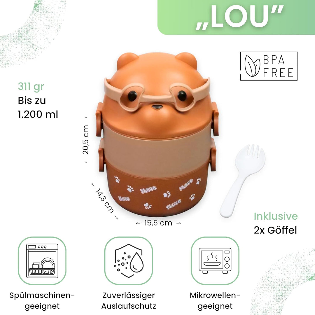 Kinder Lunchbox „Lou“ 1200ml, 2 Etagen mit Besteck und Fächern, Premium Dose süss, BPA-freie Brotdos