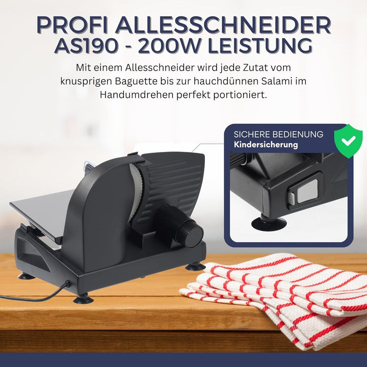 Sommertal Allesschneider AS190 DUAL 200W Edelstahlmesser mit Wellenschliff und glatten Schliff, plat