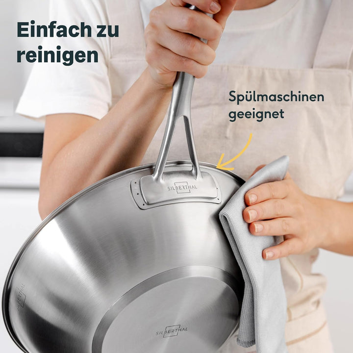 SILBERTHAL Wokpfanne mit Deckel beschichtet Induktion 28 cm - Edelstahl Wok zum Frittieren und Brate