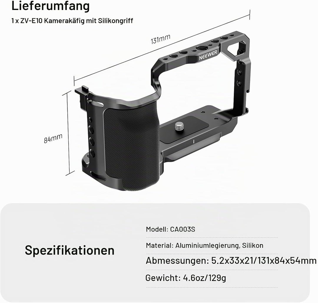 NEEWER ZV-E10 Kamerakäfig mit Silikongriff, 1/4" Gewinde, 3/8" ARRI Positionierungslöcher, Arca Typ