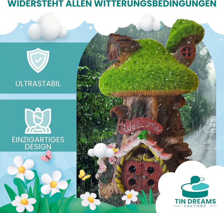 Feenhaus für den Garten mit Solarlicht - Fairy Tree House aus Harz - Aussendekoration für Garten, Te