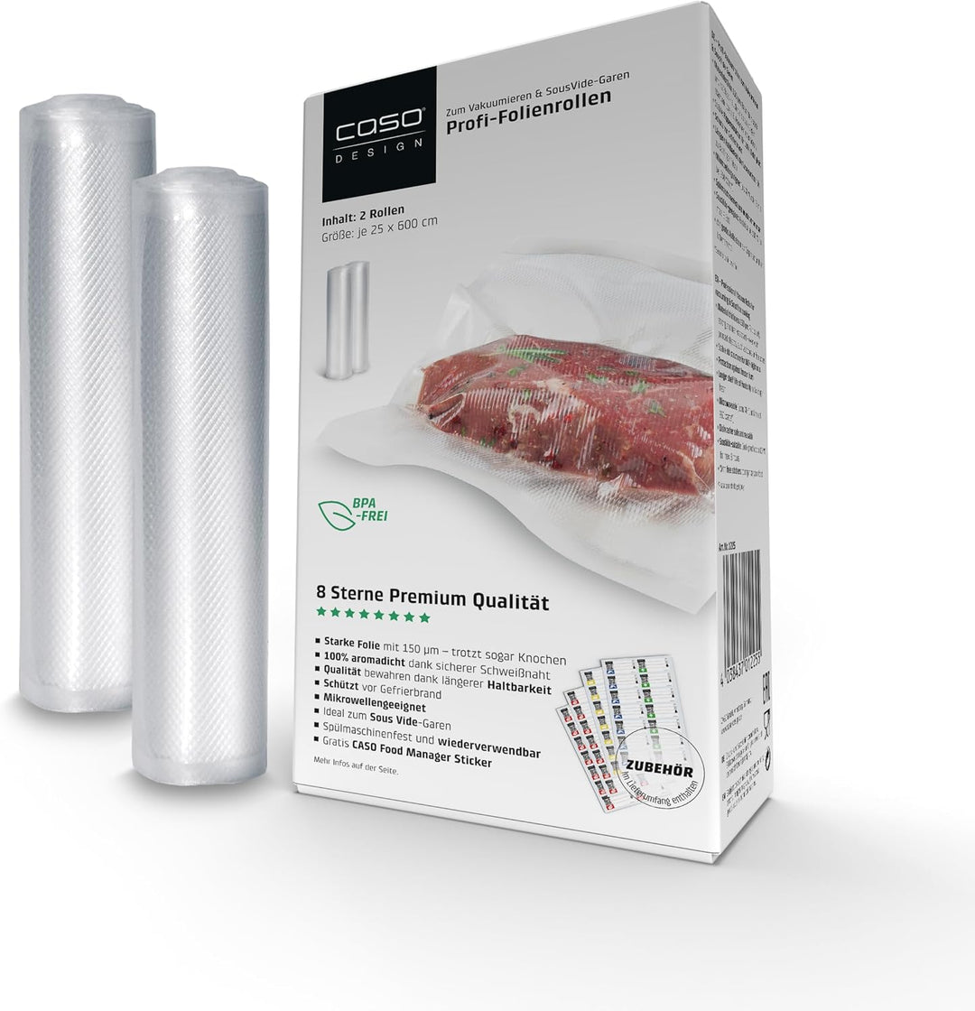 CASO Profi- Folienrollen 25x600 cm / 2 Rollen, für alle Vakuumierer, BPA-frei, sehr stark & reissfes