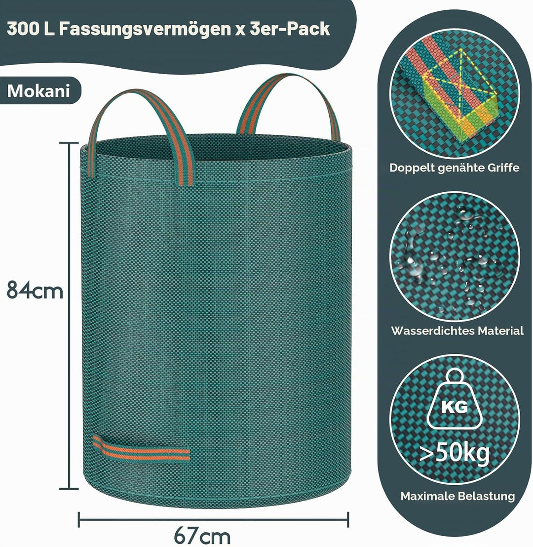 Mokani Gartenabfallsäcke, 300 L x 3 Gartensäcke, strapazierfähig, mit Griffen, wiederverwendbare Gar