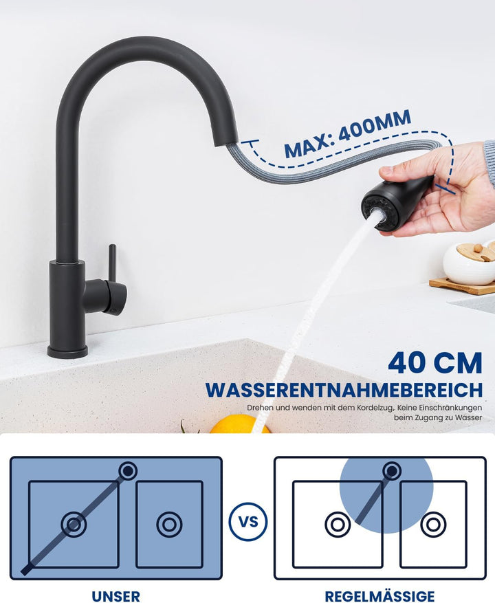 CECIPA Küchenarmatur & Spülbecken Set Schwarz 60×49 cm, Ausziehbarer Wasserhahn Küche mit 360° Drehf