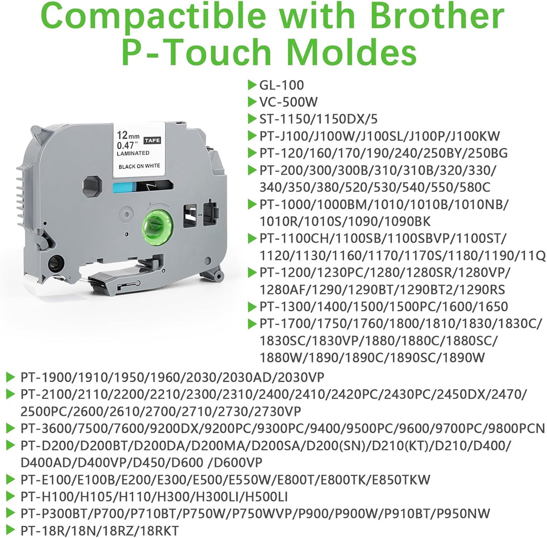 4 x Kompatibel für Brother P-Touch Bänder 12mm Kompatibel mit P Touch Schriftband Tze-231 TZ Tape 12