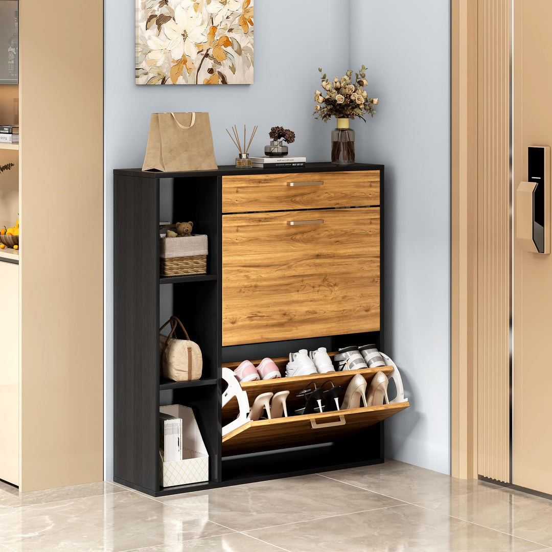 Schuhschrank mit 2 Klappen Schmal Schuhschrank mit 1 Schublade und 3 Ablagefächer platzsparender Sch