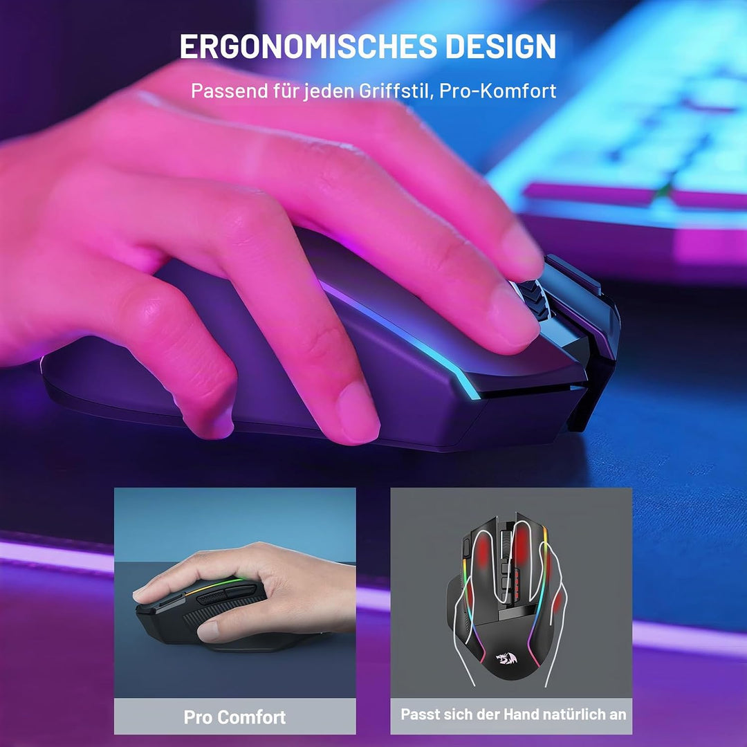 Redragon Gaming Maus Kabellose, 16000 DPI, 2.4G/USB-C Wireless Mouse, 9 Programmierbare Tasten, Wied