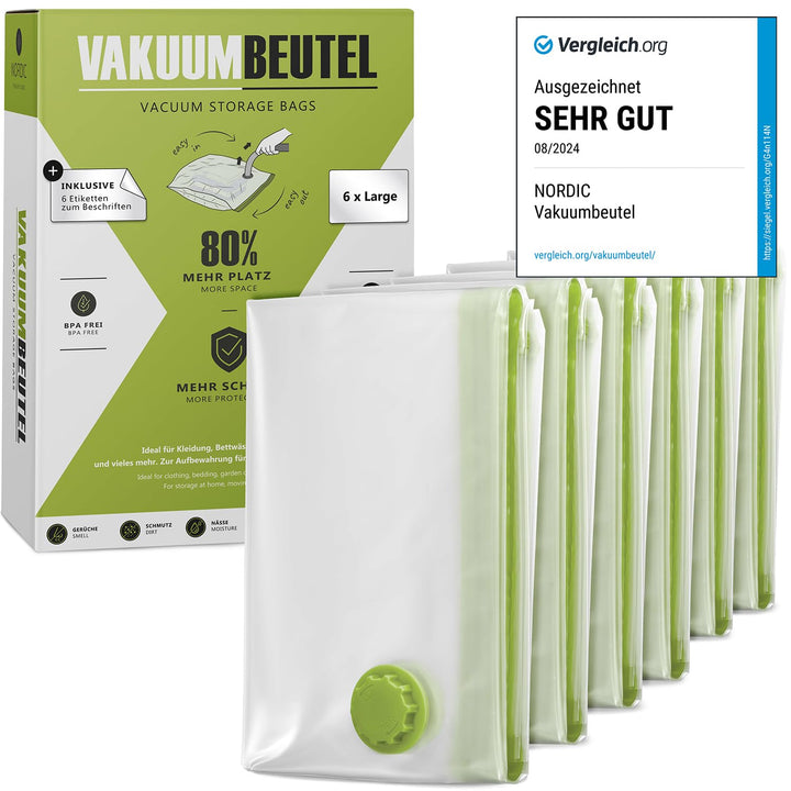 NORDIC® - Vakuumbeutel 6x Grösse L (80x60cm) - BPA Frei INKL. ETIKETTEN - Vakuumbeutel für Kleidung,