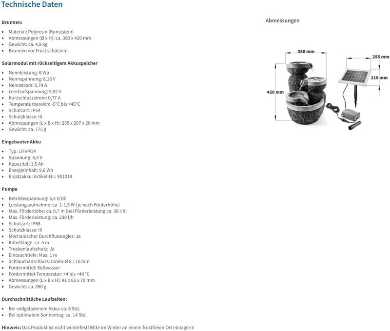 Solar Gartenbrunnen Bowl Fountain - extragrosses 5 Watt Solarmodul und 1,5 Ah Akkuspeicher - 380 x 4