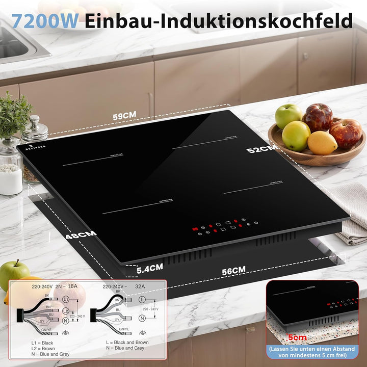 Induktionskochfeld 4 Platten, Kochfeld Induktion Autark, Einbau 60CM, 7200W, Individuelle Touch-Steu