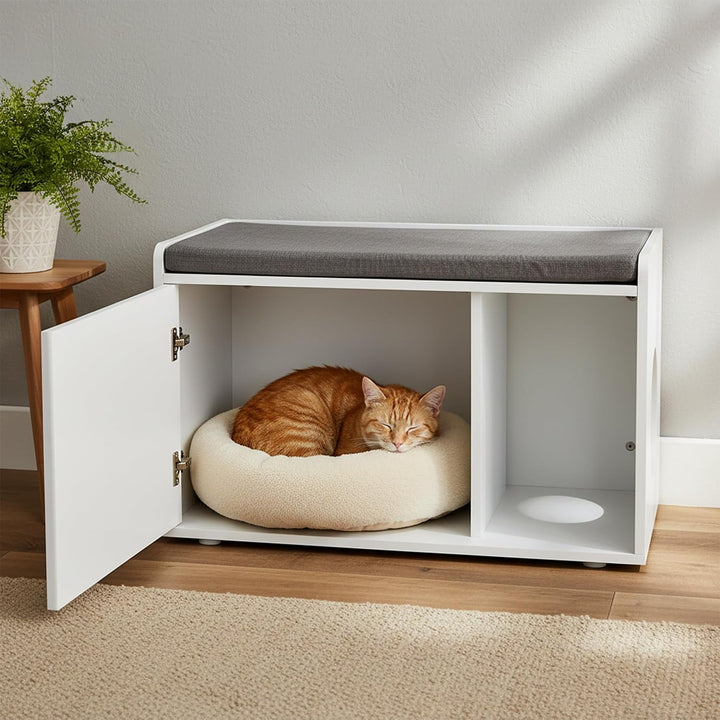 Relaxdays Katzenschrank mit Sitzauflage, 2in1 Katzenkommode & Sitzbank, HBT: 45,5 x 75 x 43 cm, für
