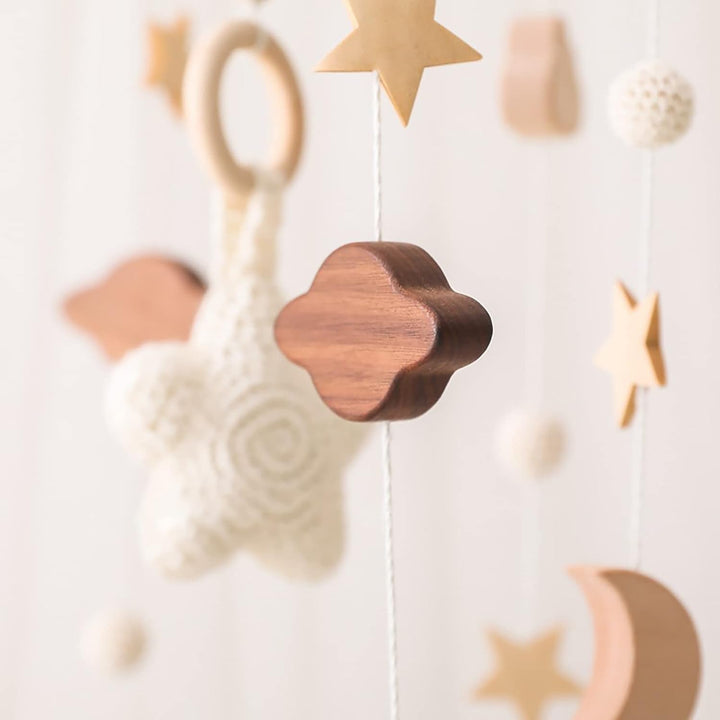 GLITZFAS Babybett Mobile Baby Windspiel, Mobile Baby Holz mit Filzbällen und Wolken Ornament Kinderz