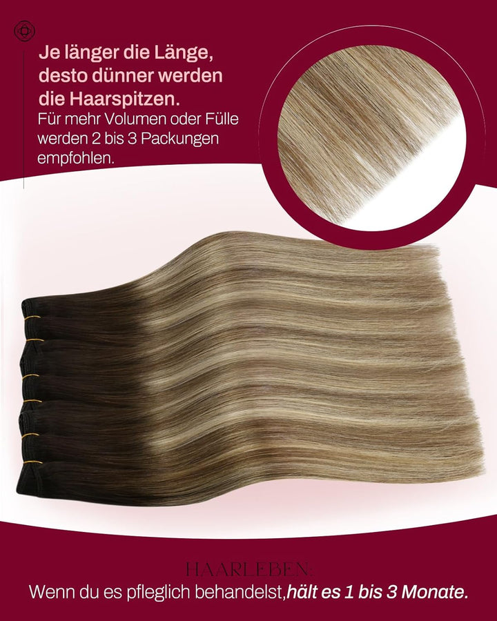Moresoo 100g Tressen Echthaar 50 cm Braun bis Kastanienbraun mit Platinblond Echthaar Tressen Glatte