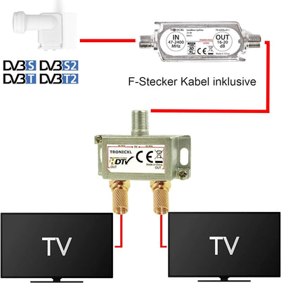 TronicXL Premium 2-Fach Antennenverteiler Splitter mit Sat Verstärker digital HD I für Satellit TV D