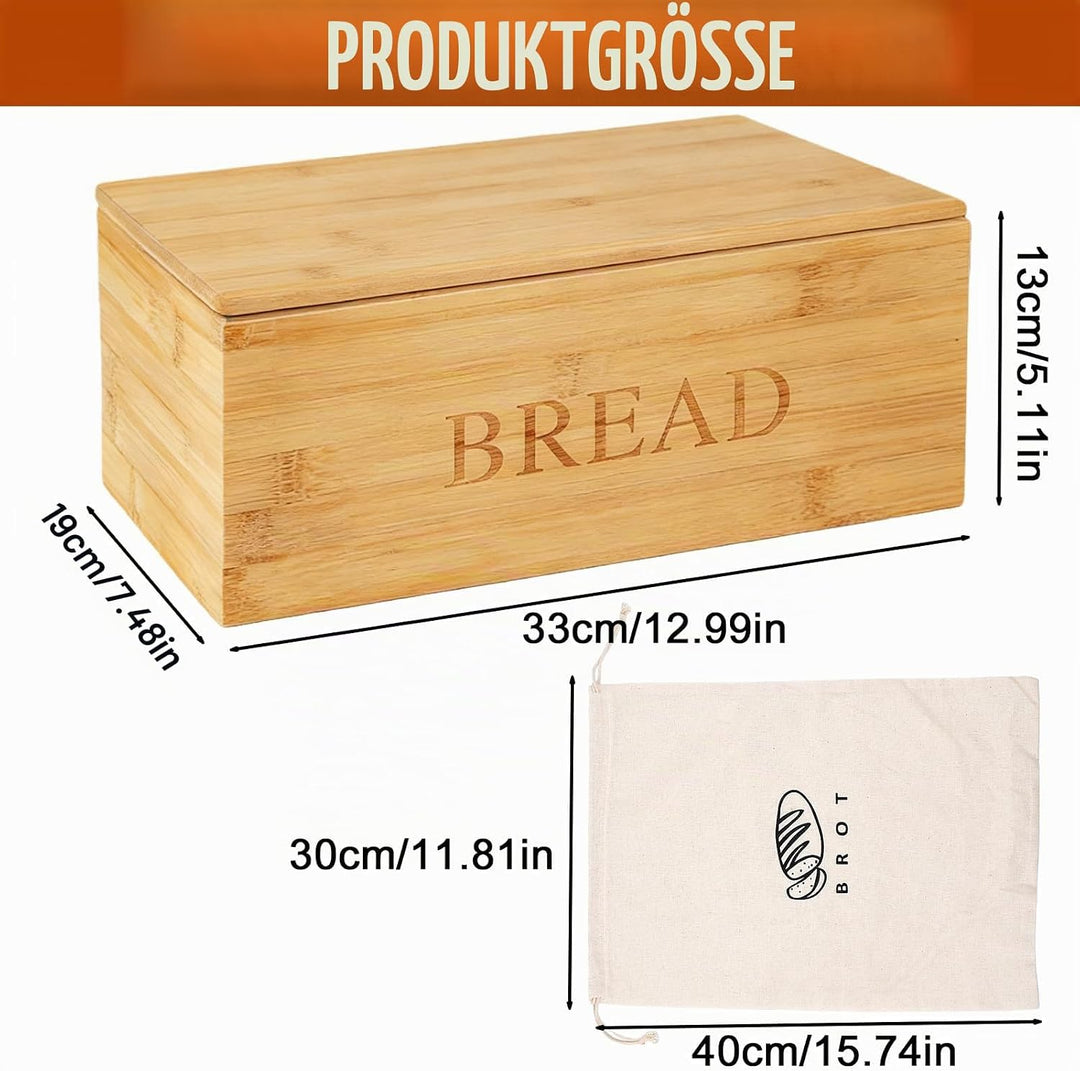 BAIFULAI Bambus Brotkasten: 33 x 19 x 13.5 cm Brotbox mit Leinenbeutel und mit Holzdeckel als Schnei