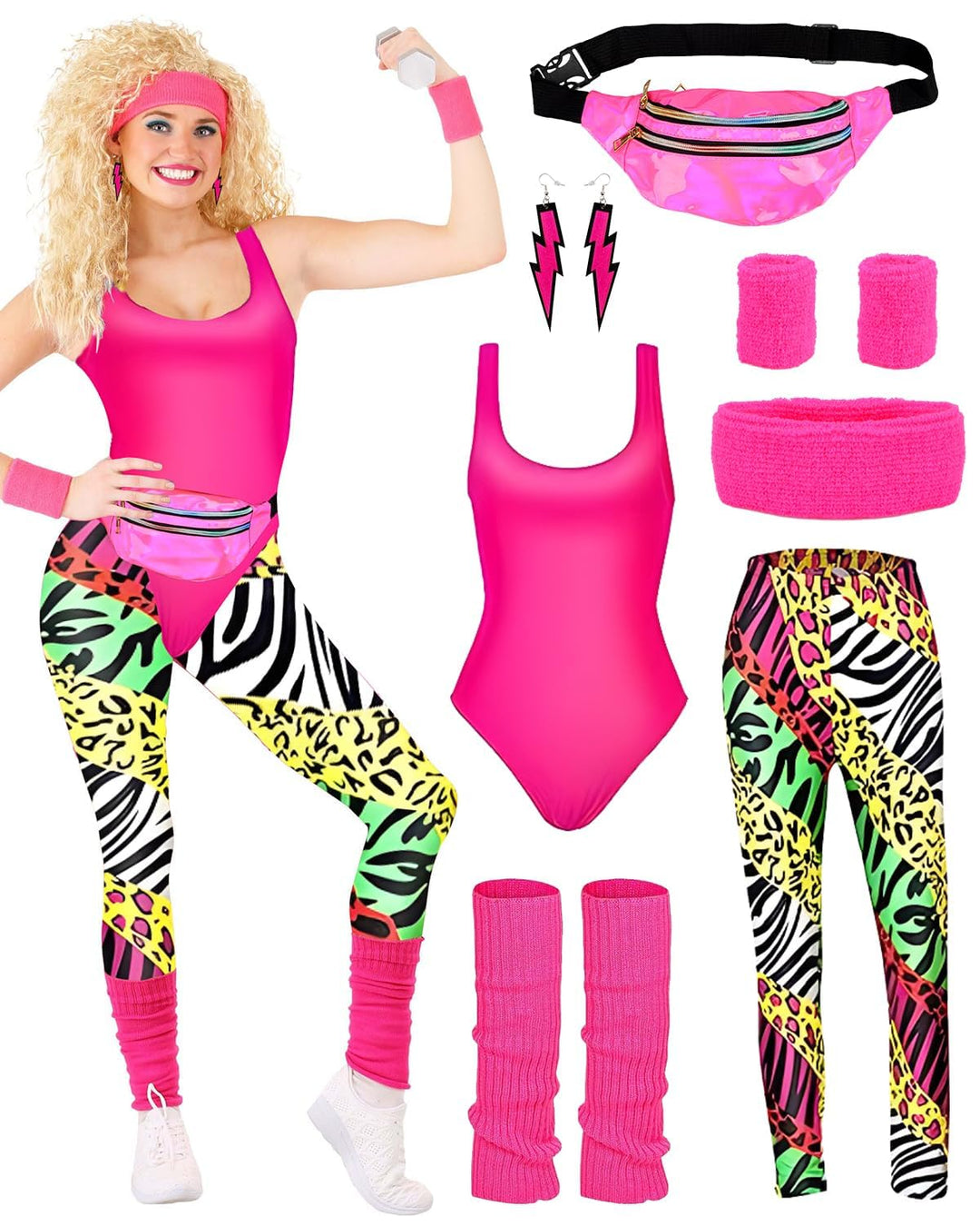 BIQIQI 80er Jahre Outfit Damen Set Retro Trainingsanzug Kostüm 80s 90s Kleidung Kostüm Accessoires C