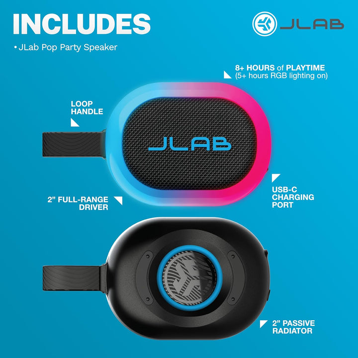JLab Pop Party Ultrakompakter, tragbarer Bluetooth-Lautsprecher mit 8+ Std. Akku, 5W kabelloser, Kle