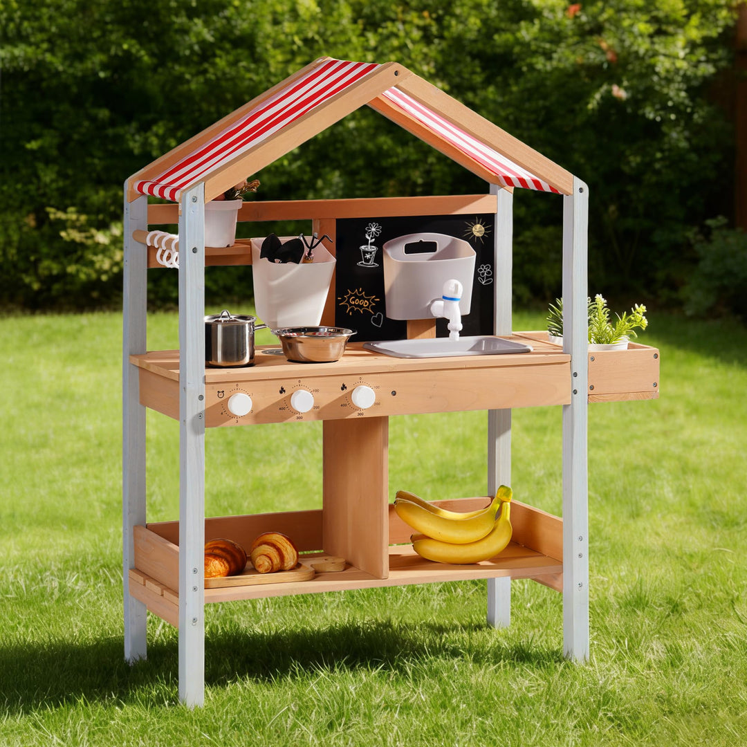 ROBOTIME Mud Kitchen Outdoor Spielset für Kinder, Spielküche mit abnehmbarem Pflanzkasten, Spüle, He