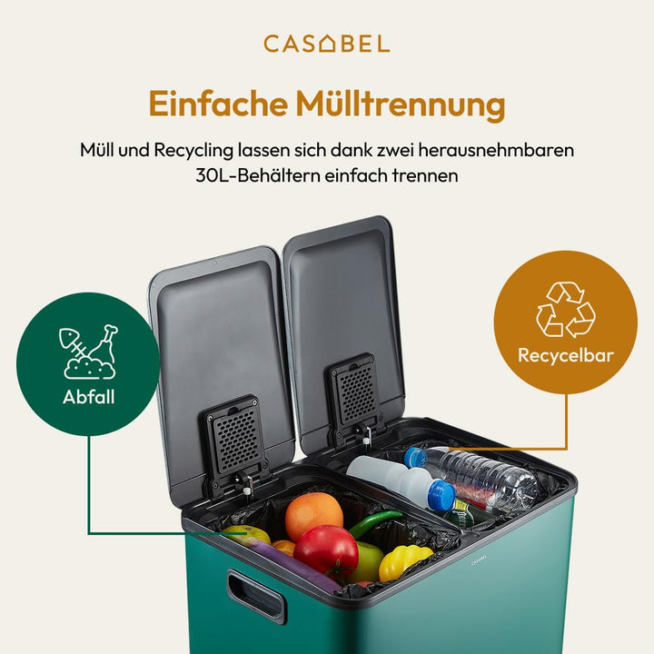 CASABEL Mülleimer Küche Mülltrennung 60L – 2x30L Doppelkammer mit Pedal, Edelstahl Dunkelgrün, Abfal