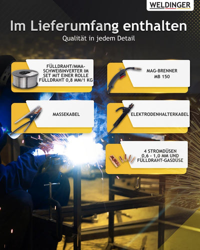 WELDINGER ME 130 mini Flux Fülldrahtschweissgerät + 1 kg Fülldraht + Fülldraht-Gasdüse + Stromdüsen