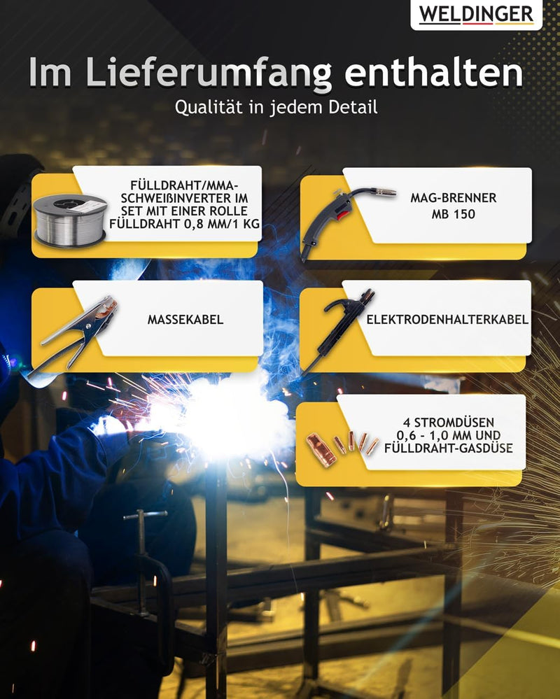 WELDINGER ME 130 mini Flux Fülldrahtschweissgerät + 1 kg Fülldraht + Fülldraht-Gasdüse + Stromdüsen