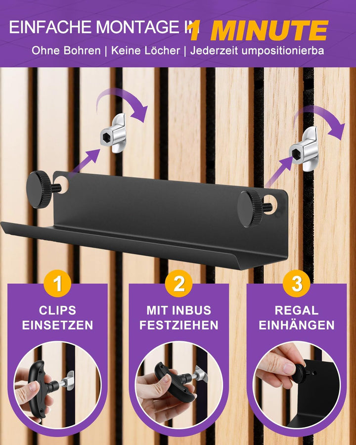 Haliya Regal für Akustikpaneele ohne Bohren – 7,5x36 cm Wandregal Metall Schwarz, Akustikpaneele Reg