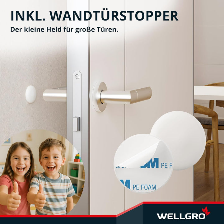 WELLGRO Edelstahl Türstopper 1,2 kg + Wand Türstopper, ohne Bohren, 10 x 4,5 cm (ØxH), rutschfester