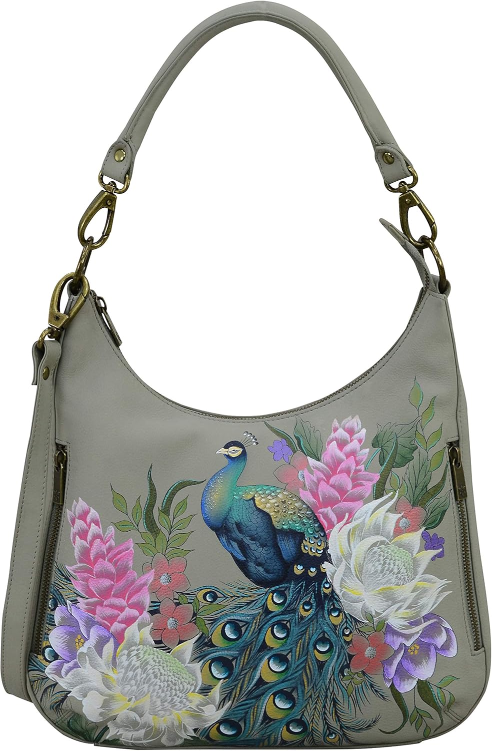Anuschka Handbemalte Schmale Hobo Tasche, Erweiterbar, mit Crossbody Riemen Regal Pfau, Regal Pfau
