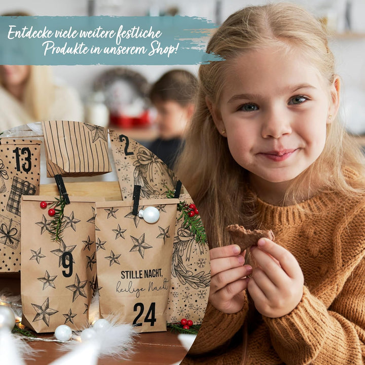 Papierdrachen Adventskalender 2025 zum Befüllen - 24 braune Geschenktüten mit Zahlenaufklebern - Mot